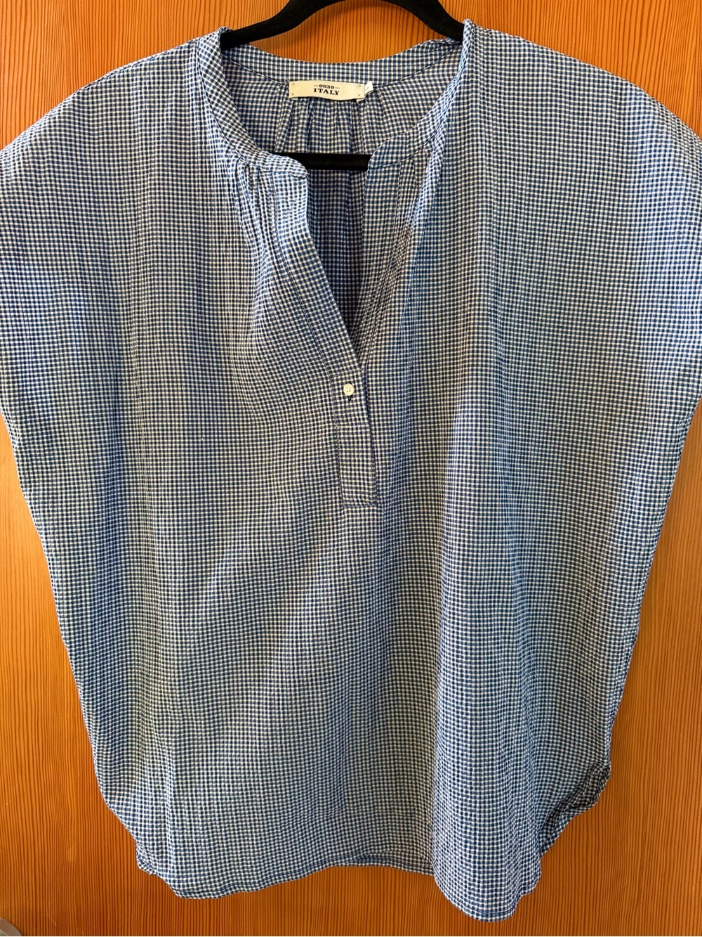 0039 Italy Blue Gingham Split-Neck Top